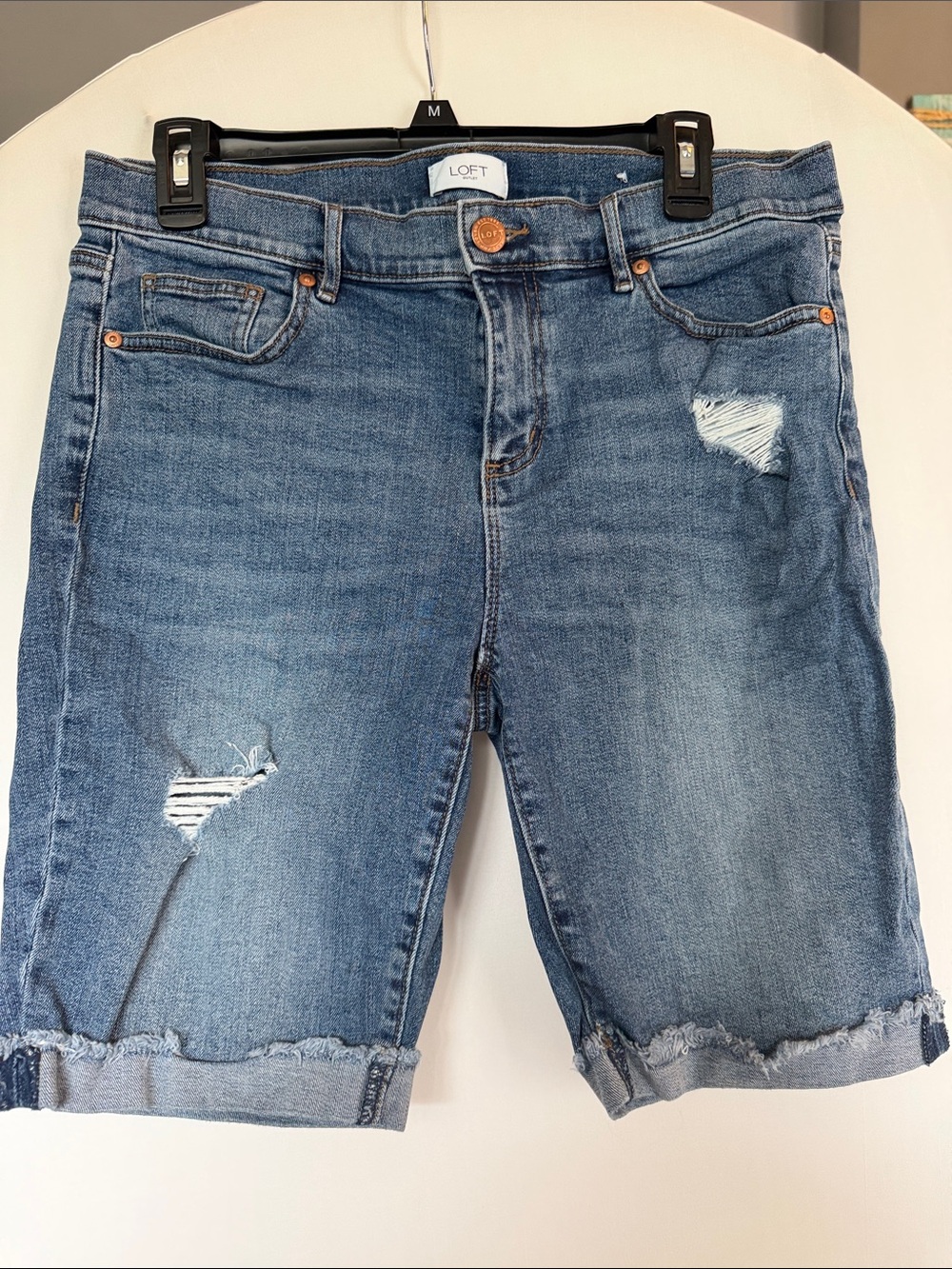 LOFT Mid-Blue Distressed Denim Bermuda Jean Shorts sz 8 outlet